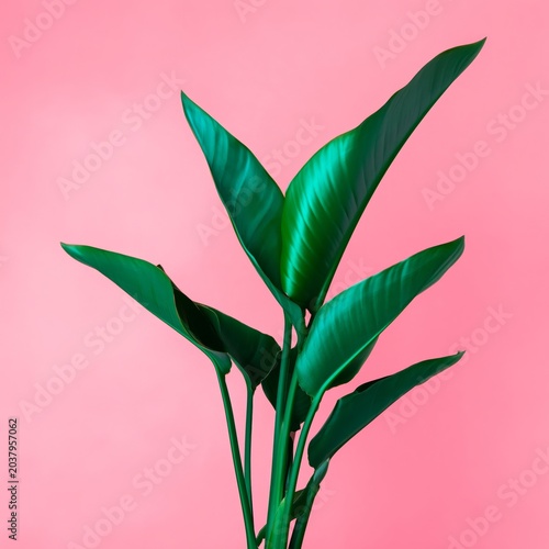Bright Green Plant Leaves in Front of a Pink Background Create a Vibrant Scene