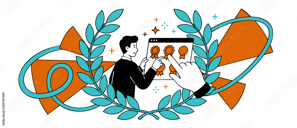Fototapeta premium Employee recognition award badge illustration showing a businessman choosing digital medals on screen within a laurel wreath, representing career success, professional growth and gamification rewards.