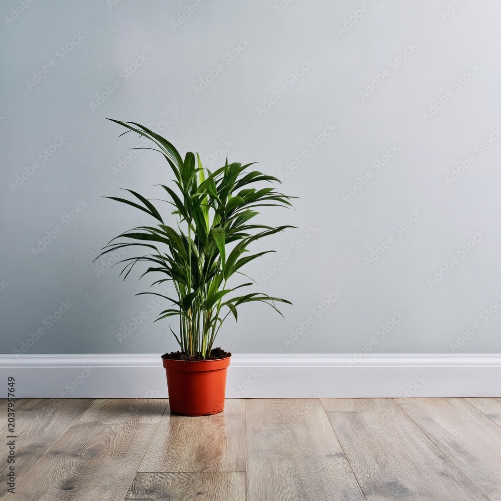 Fototapeta premium Green Plant in a Pot Standing on Wooden Floor in a Room With Light Blue Walls