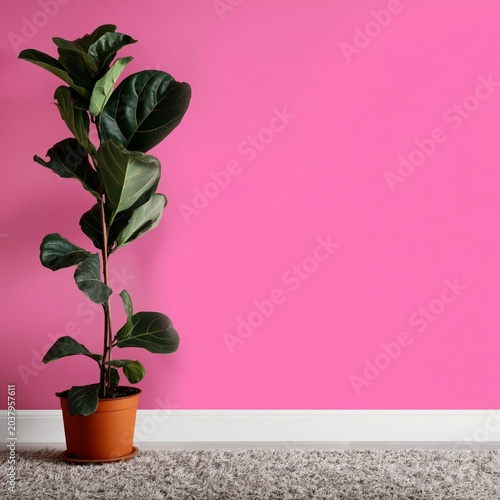 Bright Pink Wall With a Green Plant in a White Pot on a Floor With a Rug Duri...
