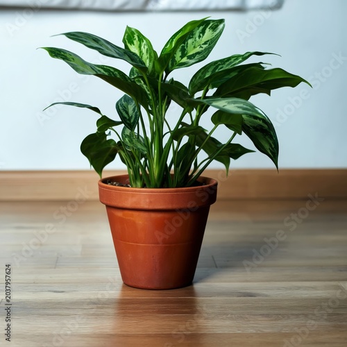 Indoor Plant in a White Pot on Wooden Floor Against a Light Wall During Dayli...