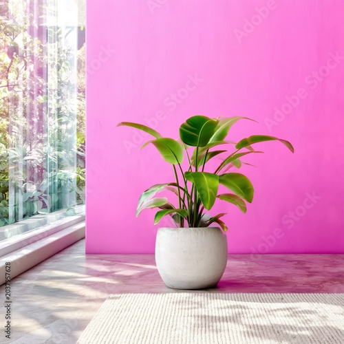 Bright Pink Wall With a Green Plant in a White Pot on a Floor With a Rug Duri...