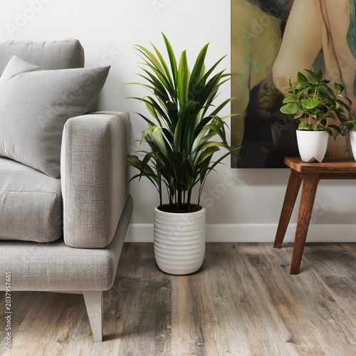 Cozy Interior With a Gray Sofa, Plants, and Artwork in a Simple Living Space