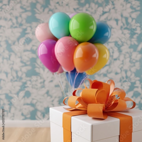 Colorful Balloons and Gift Box in a Room With Floral Wallpaper