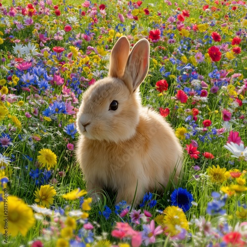 Cute Rabbit in a Colorful Flower Field During Springtime