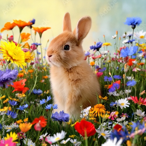 Cute Rabbit in a Colorful Flower Field During Springtime