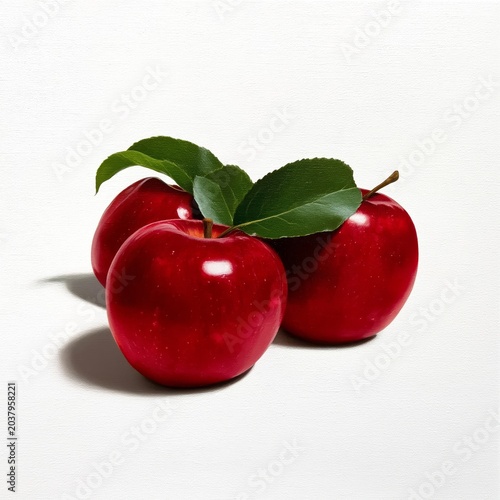 Fresh Red Apples With Green Leaves Arranged on a Plain Surface in Natural Lig...