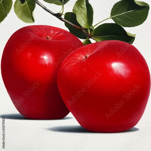 Fresh Red Apples With Green Leaves Arranged on a Plain Surface in Natural Lig...