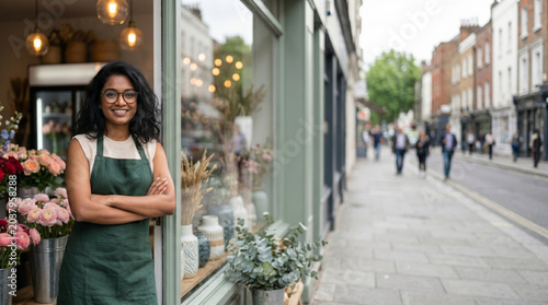 Smiling young Indian woman florist wearing green apron standing with crossed arms at the entrance of her flower shop on a city street. Small business owner portrait.