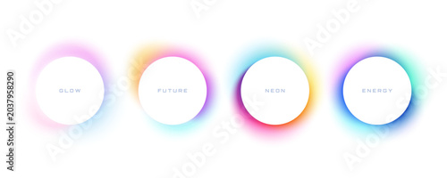 Abstract glowing circles with colorful neon gradient halos on white background. Futuristic minimal round frames with soft luminous blur and light effects. Ideal for text box, poster, banner
