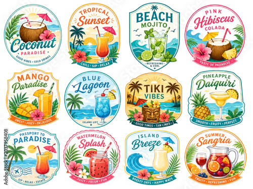 Tropical Summer Cocktail Beach Badge Label Sticker Set
