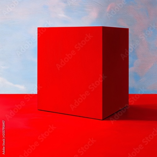 Bright Red Cube on a Red Surface With a Blue Background Creating a Simple yet...