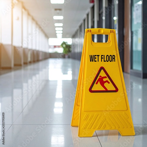 Bright yellow wet floor caution sign stands on a highly reflective tiled office hallway, symbolizing workplace safety, risk management, commercial cleaning, and hazard prevention.