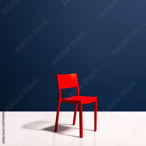 Simple Red Chair Placed Against a Blue Wall in Minimalistic Design With a Bri...
