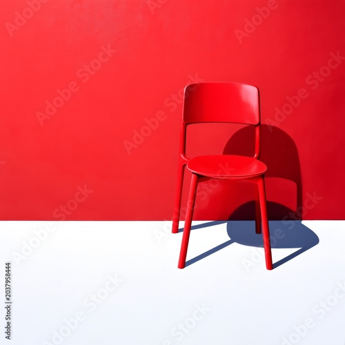 Bright Red Chair Stands Alone Against a Vivid Red Wall and White Floor at Midday