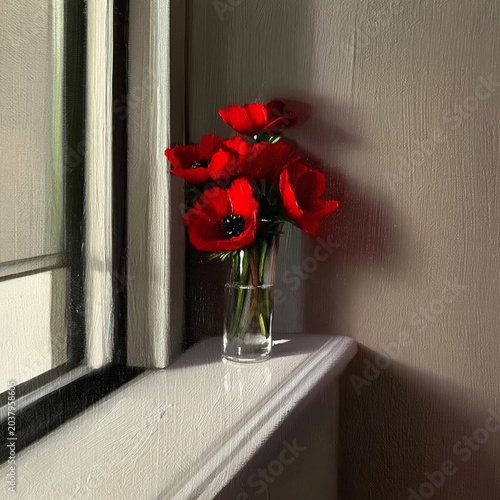 Bright Red Flowers in a Glass Vase Sitting on a Windowsill in a Sunny Room