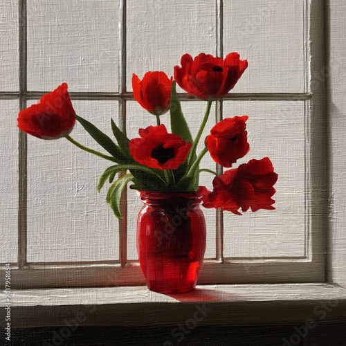 Red Tulips in a Jar on a Windowsill With Sunlight Streaming in During the Mor...