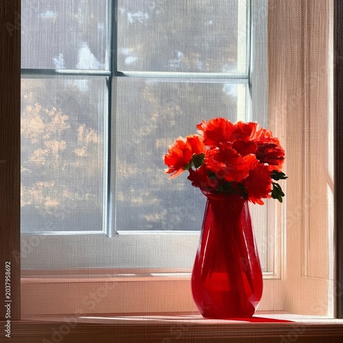 Red Tulips in a Jar on a Windowsill With Sunlight Streaming in During the Mor...