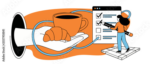 Billede på lærred Coffee cup croissant checklist woman completing morning routine tasks, productivity and daily schedule planning concept, orange and blue flat vector banner illustration for workday management