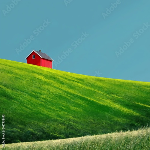 Red House Stands Alone on a Green Hill Under Blue Sky With Clouds in the Back...