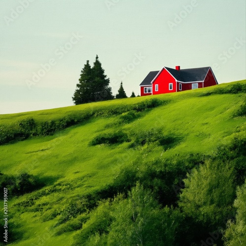 Bright Red House Stands on Green Hill With Trees Under Clear Sky