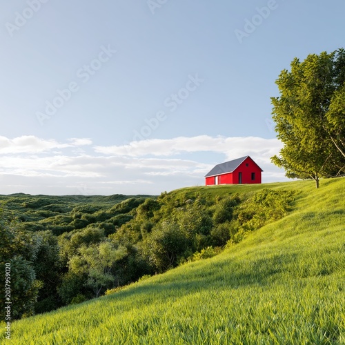 Bright Red House Stands on Green Hill With Trees Under Clear Sky