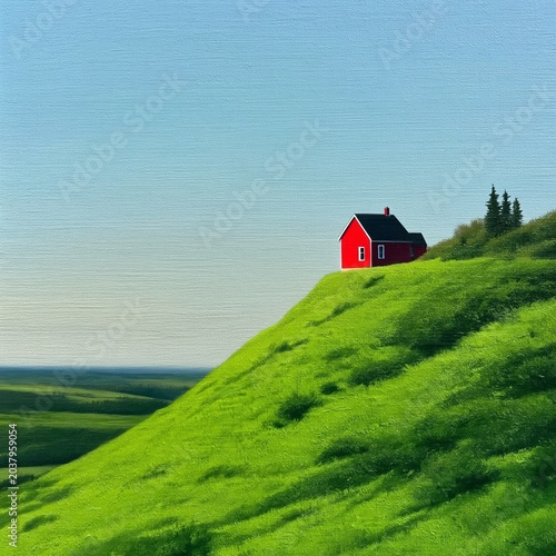 Colorful House Sits on Green Hill Under Blue Sky in Rural Area With Trees