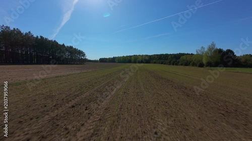 FPV Drone Aerial View of Agricultural Fields and Forest Boundaries