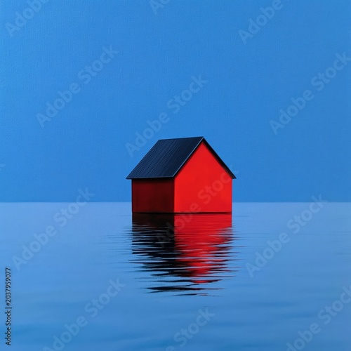 Bright Red House Floating on Water Under Clear Blue Sky