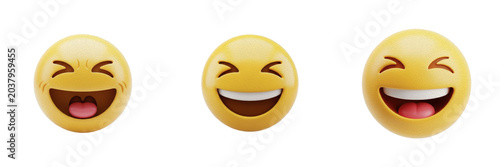 Fotografie Collection of classic glossy yellow laughing crying emoji face with widely opened mouth showing closed eyes of joy expression icon for social media digital chat, isolated white background
