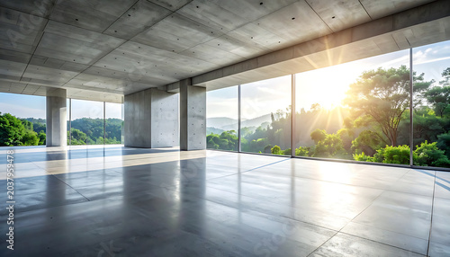 Modern empty concrete interior with large glass windows overlooking lush green forest and sunrays at sunset, architectural background for design