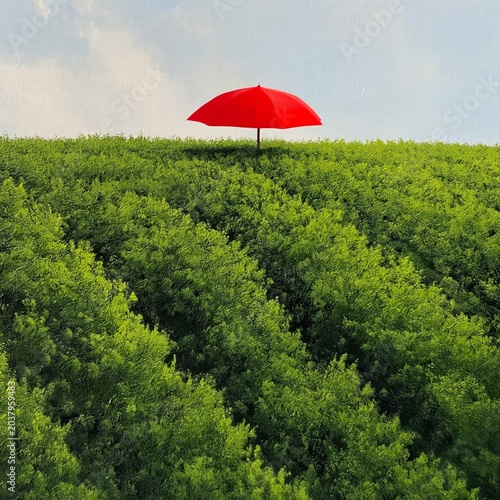 Bright Red Umbrella on Green Hills Under Cloudy Sky in Daytime