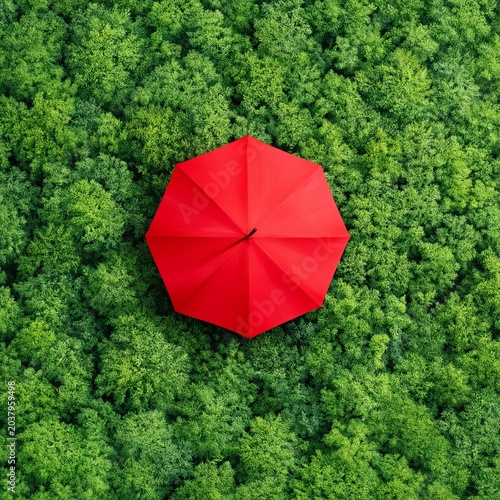 Bright Red Umbrella on Green Hills Under Cloudy Sky in Daytime