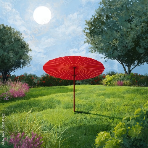 Red Umbrella Stands in Garden With Flowers Under Clear Sky During Sunny Day