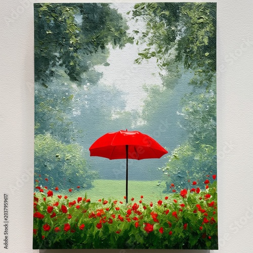 Red Umbrella Stands in a Field of Flowers Surrounded by Trees in a Misty Park