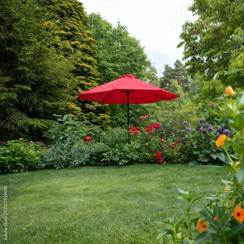 Colorful Garden With a Red Umbrella in a Green Landscape During Day Time
