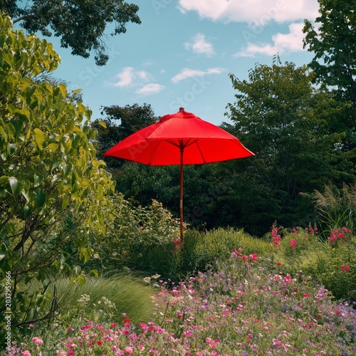 Colorful Garden With a Red Umbrella in a Green Landscape During Day Time