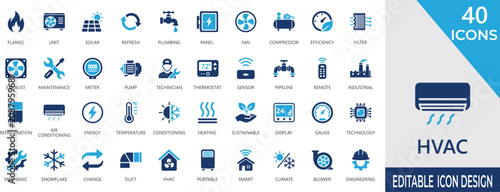 Fotografía HVAC fill icon set with air conditioning ,flames, solar, heating, thermostat, cooling, energy, ventilation, control, climate, equipment, and service glyph icons