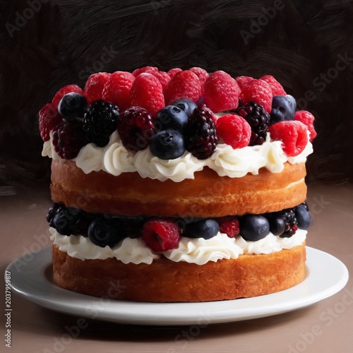 Delicious Cake Topped With Berries Served on a White Plate at a Dessert Table