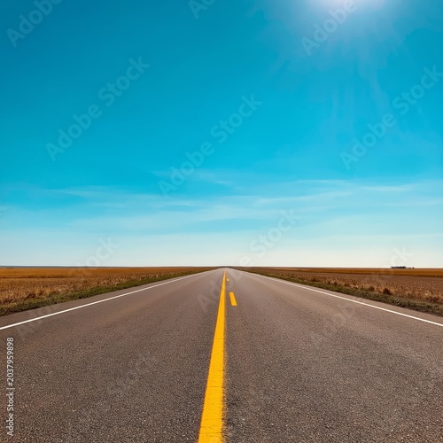 Wide Road Stretches Into Clear Blue Sky Over Flat Landscape With Golden Fields