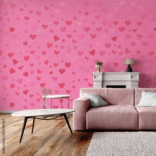 Living Room With Heart Wall Design and Soft Furniture in a Pink Color Scheme