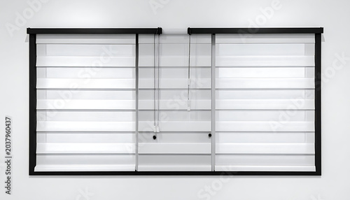Modern interior window blinds with clean white slats and black frame, offering light control and privacy, interior design element
