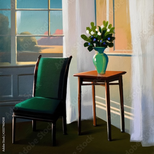Elegant Chair and Table Setup With Flowers in a Well-Lit Room