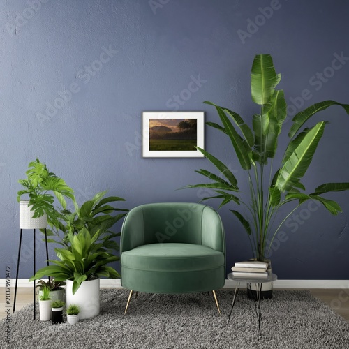 Cozy Green Chair Surrounded by Plants and Art on the Wall in a Living Room