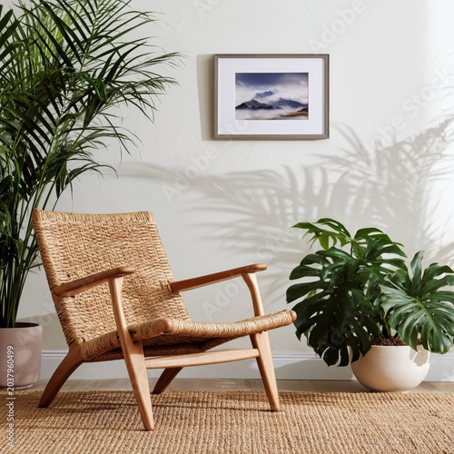 Wooden Chair Beside Plants in a Bright Room With Sunlight and a Wall Art Piece