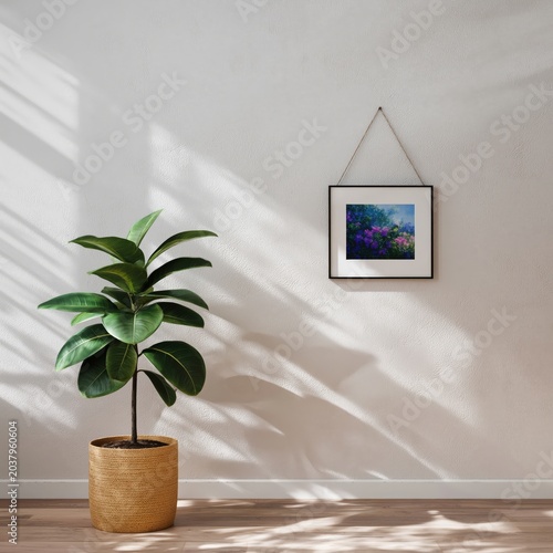 Indoor Plant Stands Next to Wall With Framed Artwork and Light Shadows in Mod...