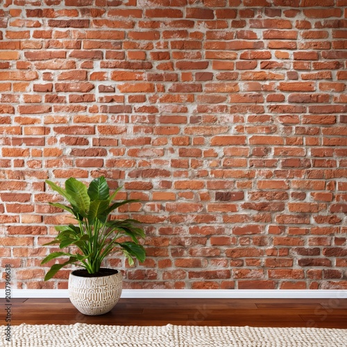Brick Wall With Green Plant and Woven Rug in Indoor Space