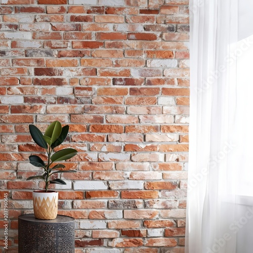 Indoor Plant Stands Against a Rustic Brick Wall in a Modern Setting