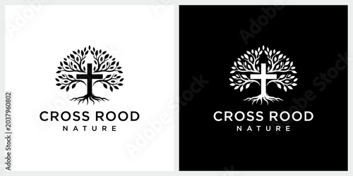 Rooted christian cross crucifix with tree leaves flower for church community logo design