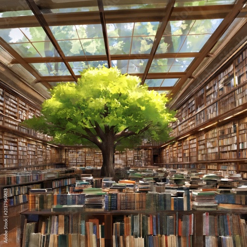 Library With a Big Tree in the Middle Surrounded by Many Books and Shelves
